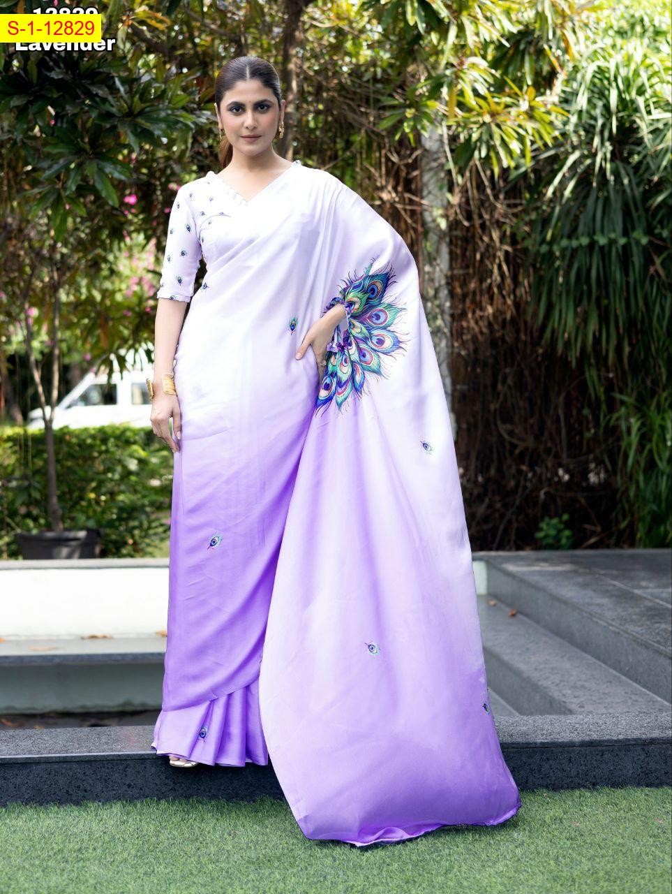 Levender Satin georgette free hand saree 