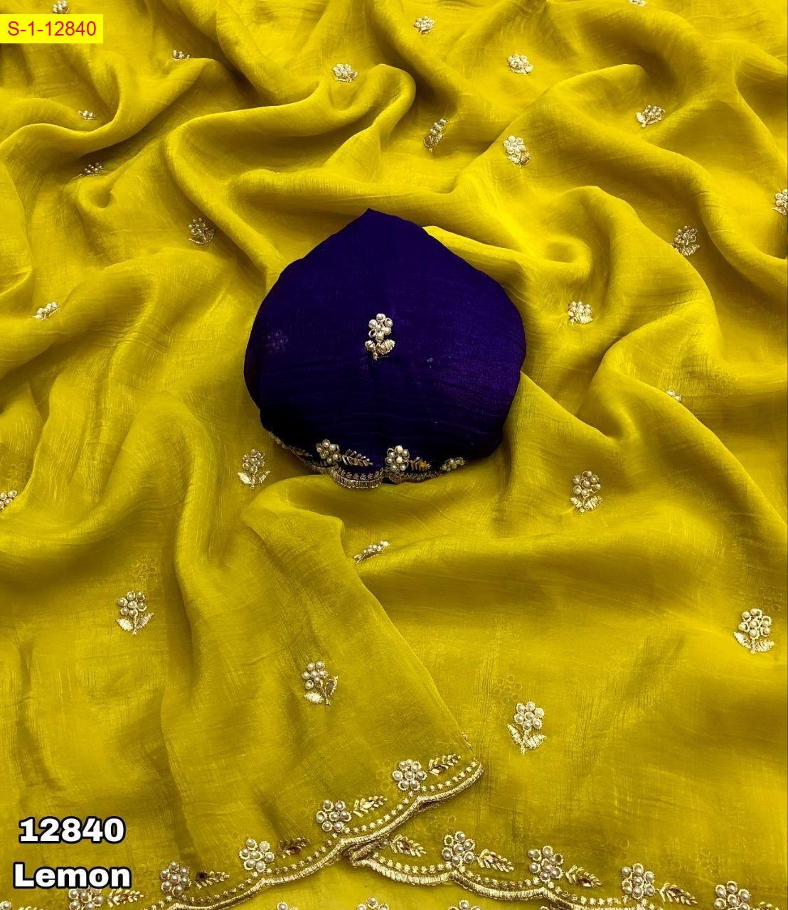 Lemon Yellow Soft crunchy silk crush saree