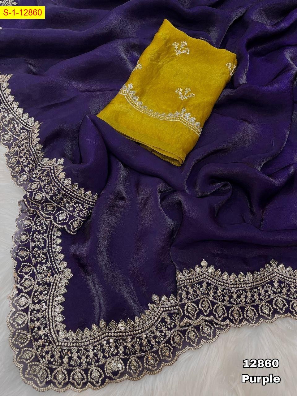 Purple Space silk fendy satin embroidery sarees