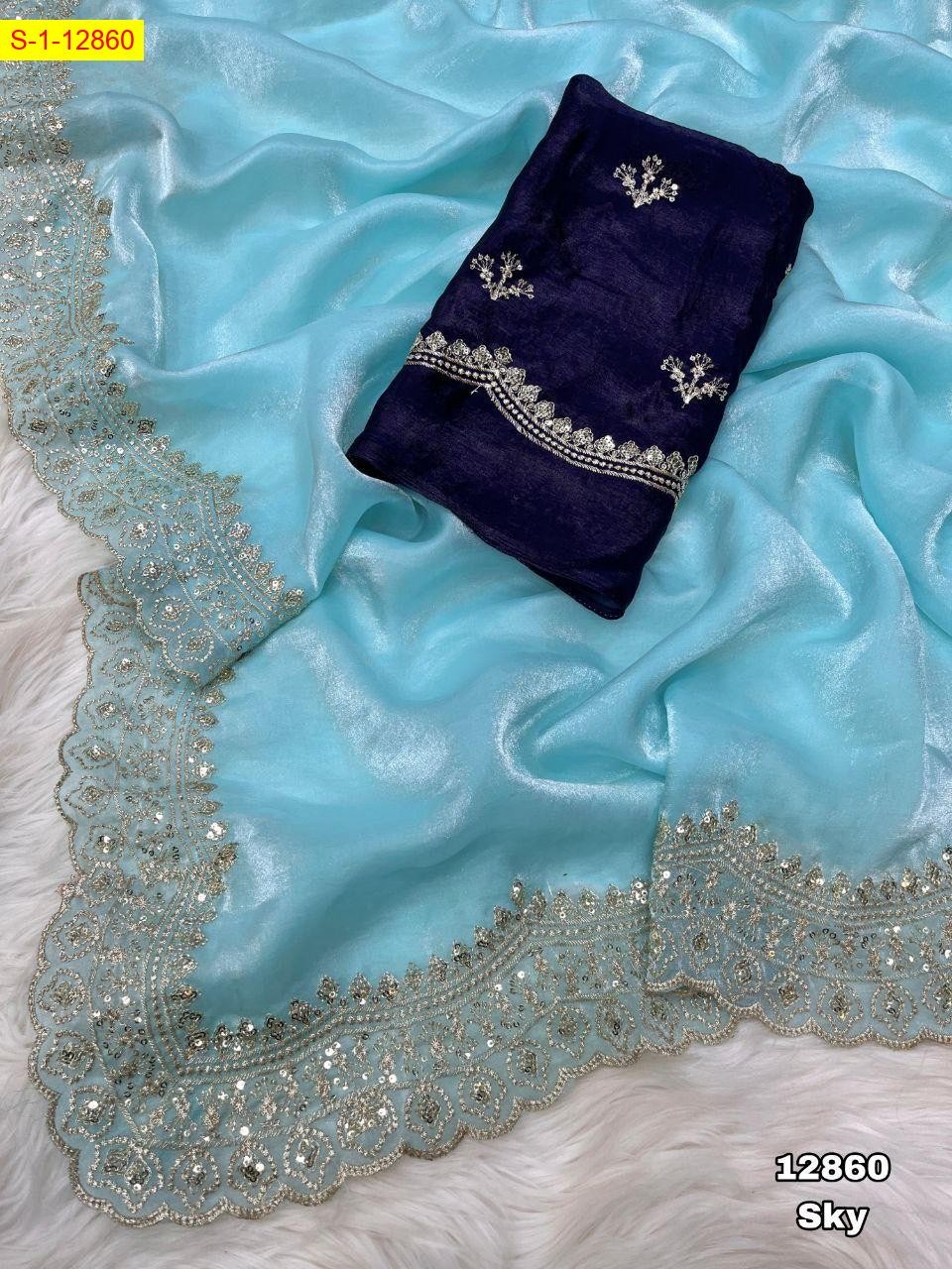 Sky Blue Space silk fendy satin embroidery sarees