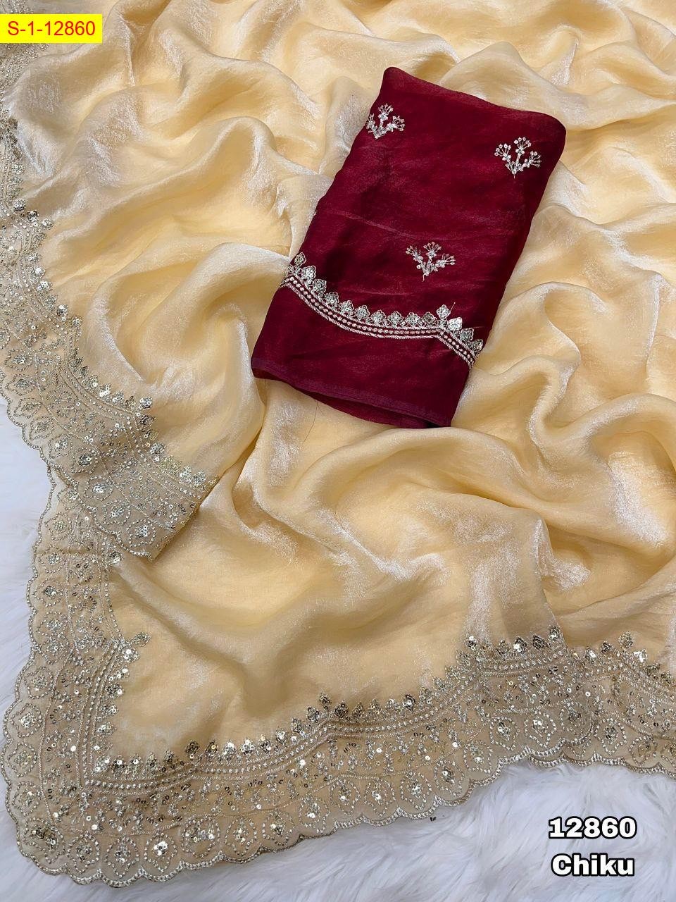 Chiku Space silk fendy satin embroidery sarees