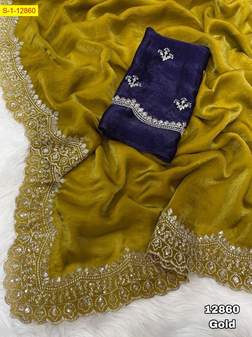 Gold Space silk fendy satin embroidery sarees
