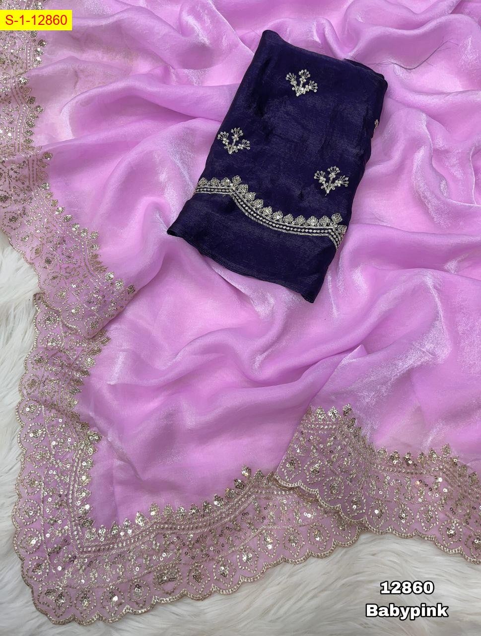 Baby Pink Space silk fendy satin embroidery sarees