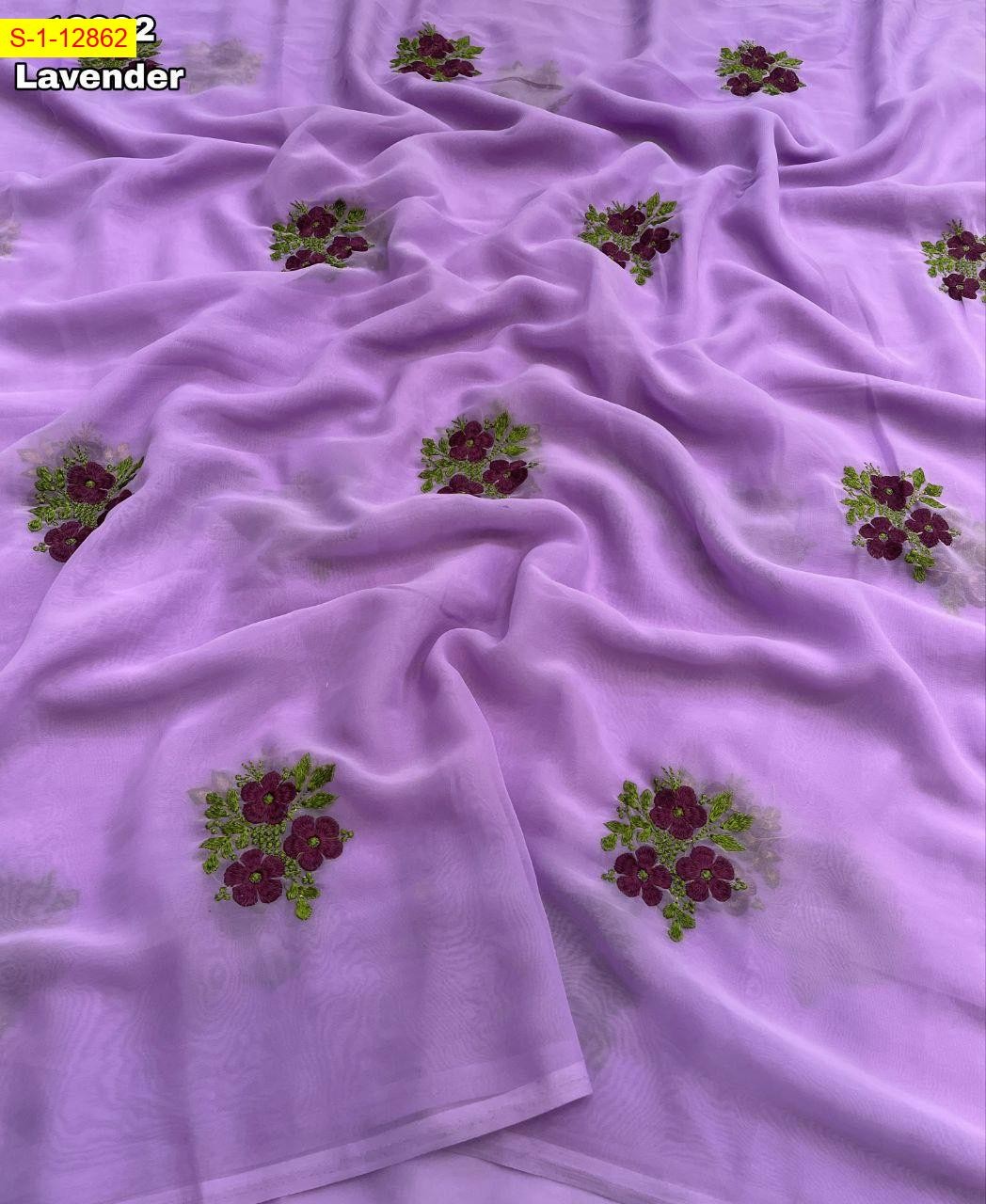 Lavender Georgette floral embroidery sarees