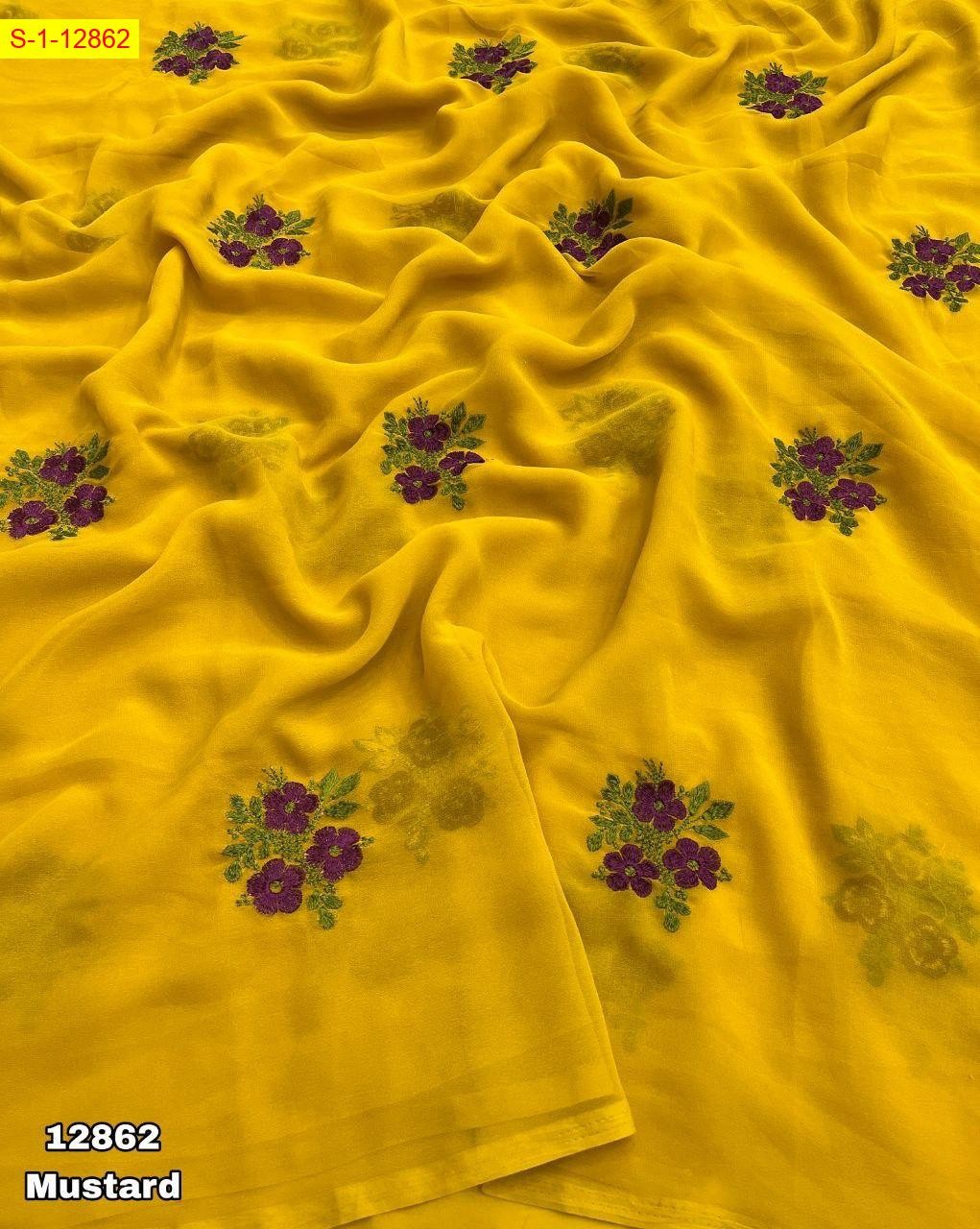 Mustard yellow Georgette floral embroidery sarees