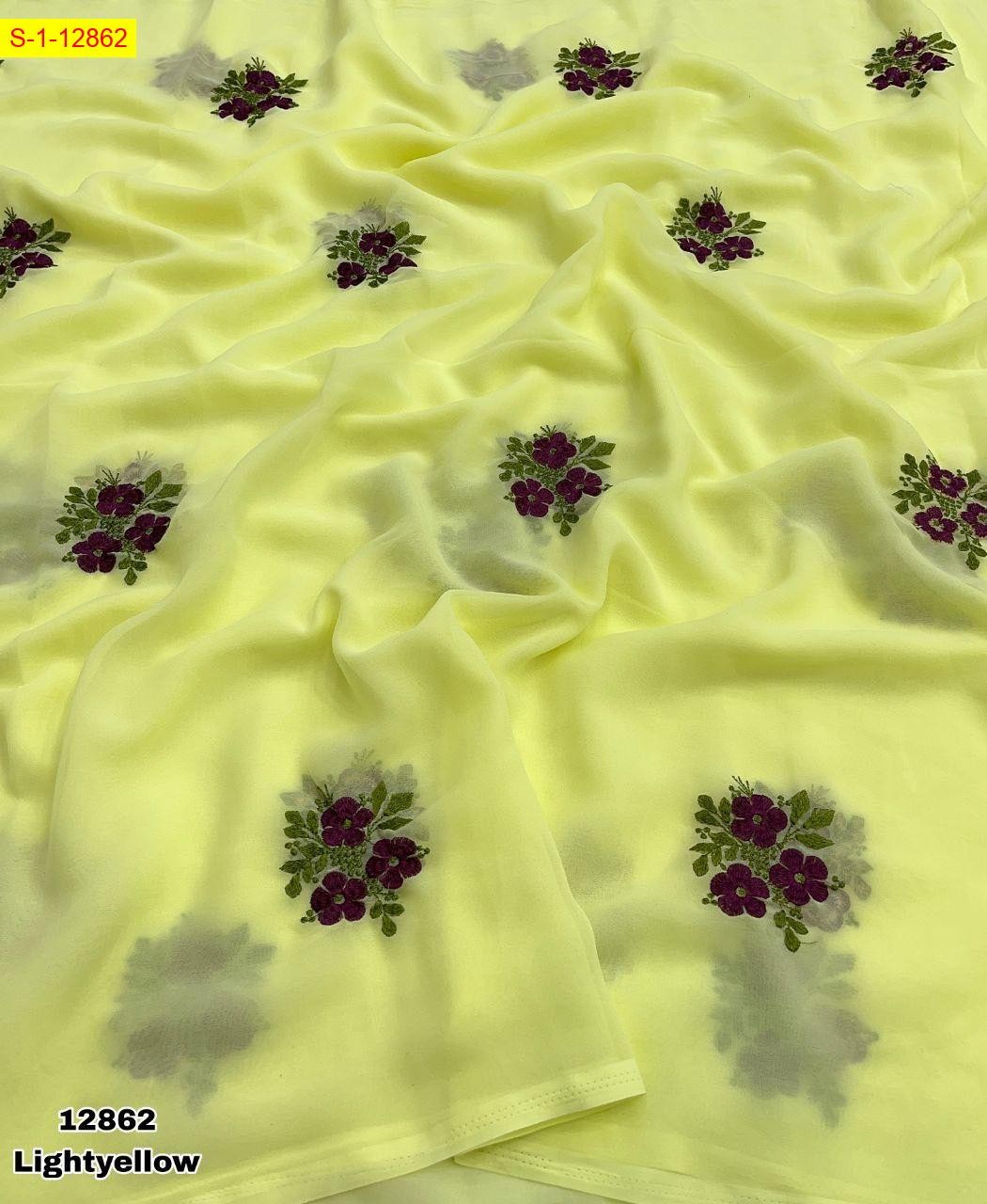 Ligth Yellow Georgette floral embroidery sarees