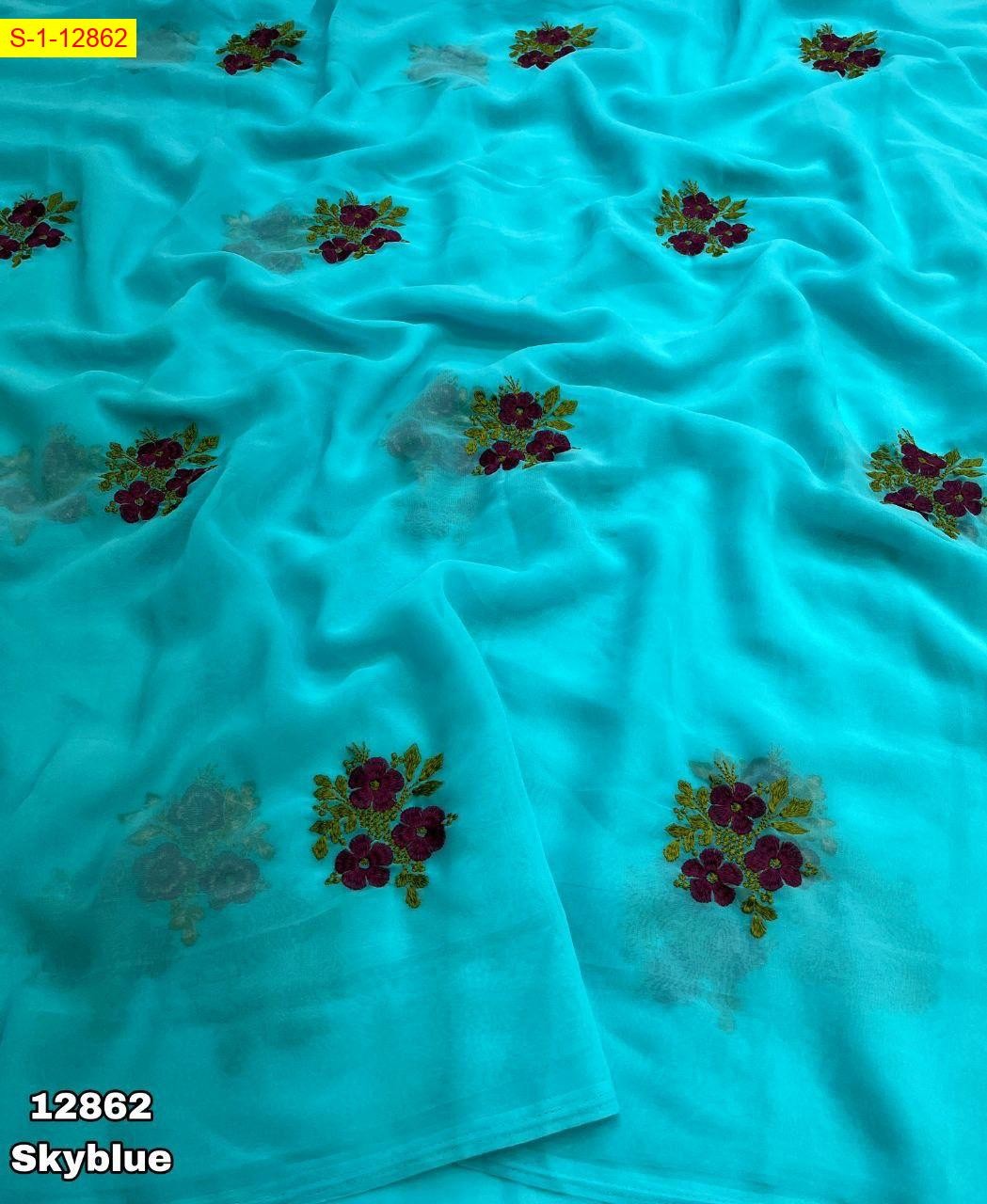 Sky Blue Georgette floral embroidery sarees