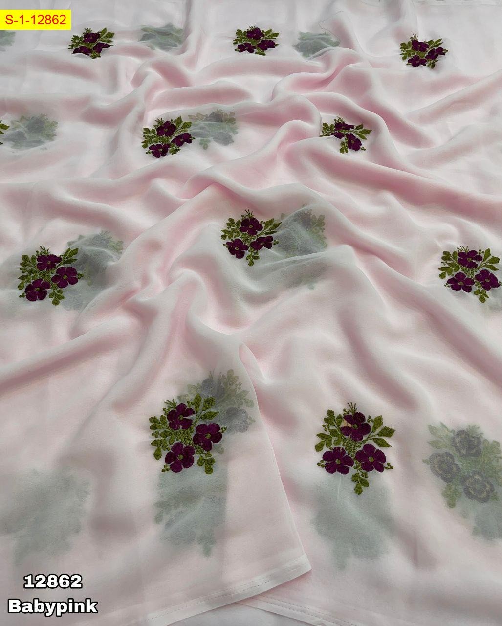 Baby Pink Georgette floral embroidery sarees