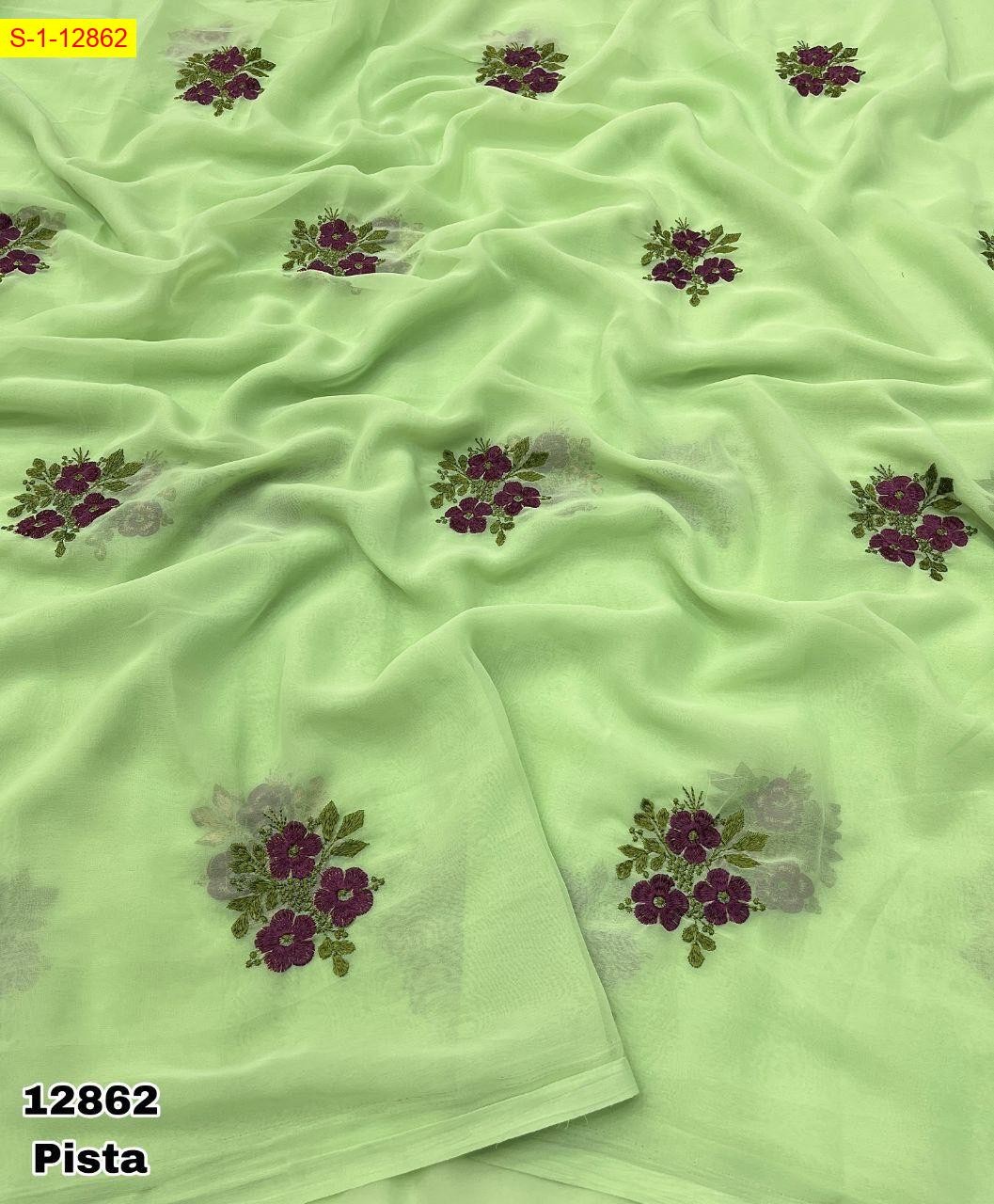 Pista Georgette floral embroidery sarees