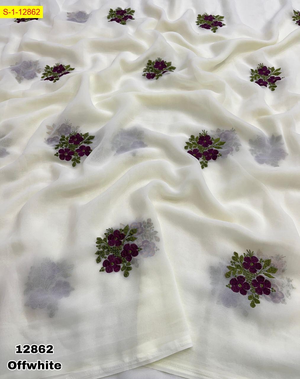 Half White Georgette floral embroidery sarees