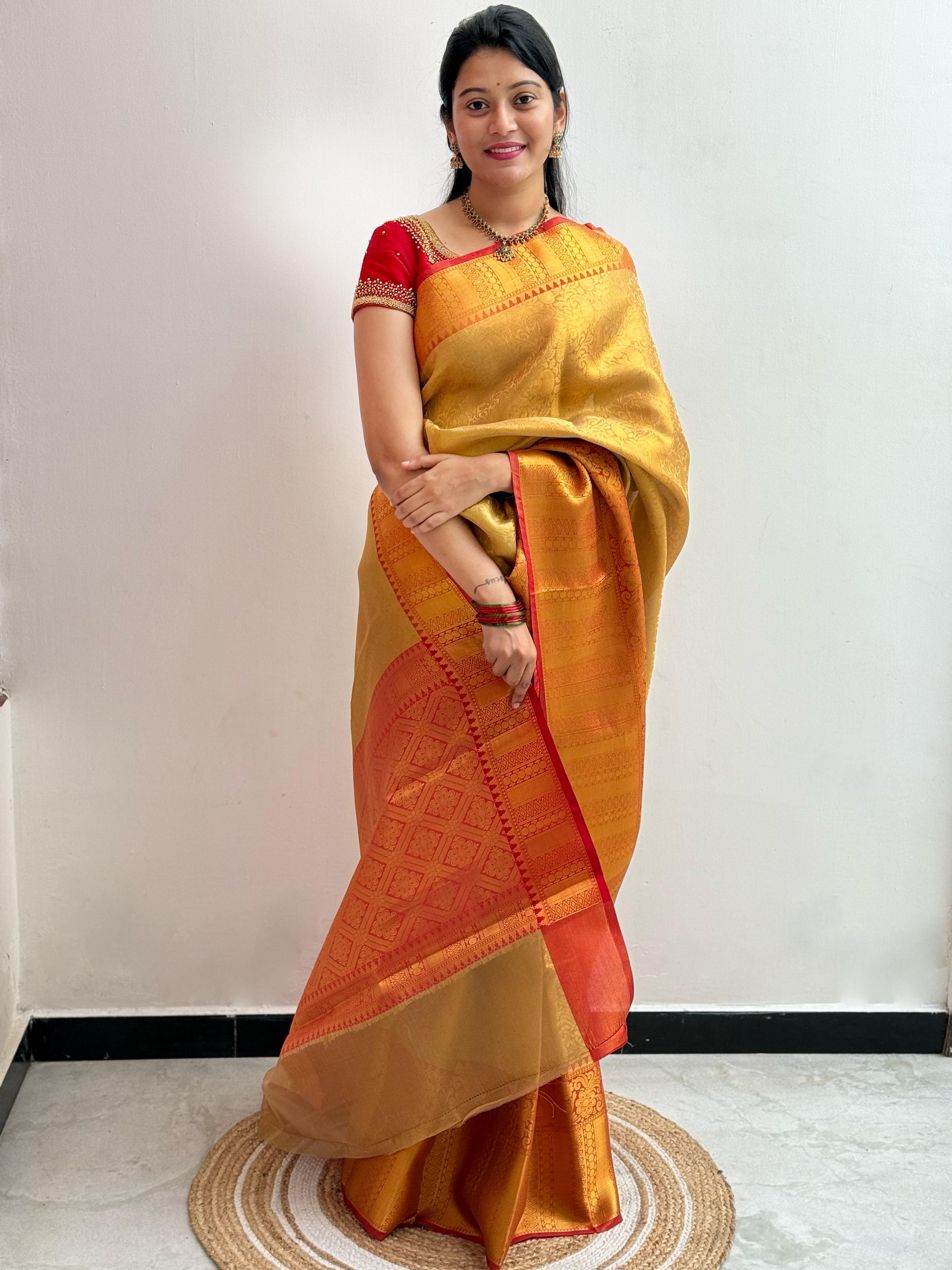Golden Fancy Tissue Kora silk Saree