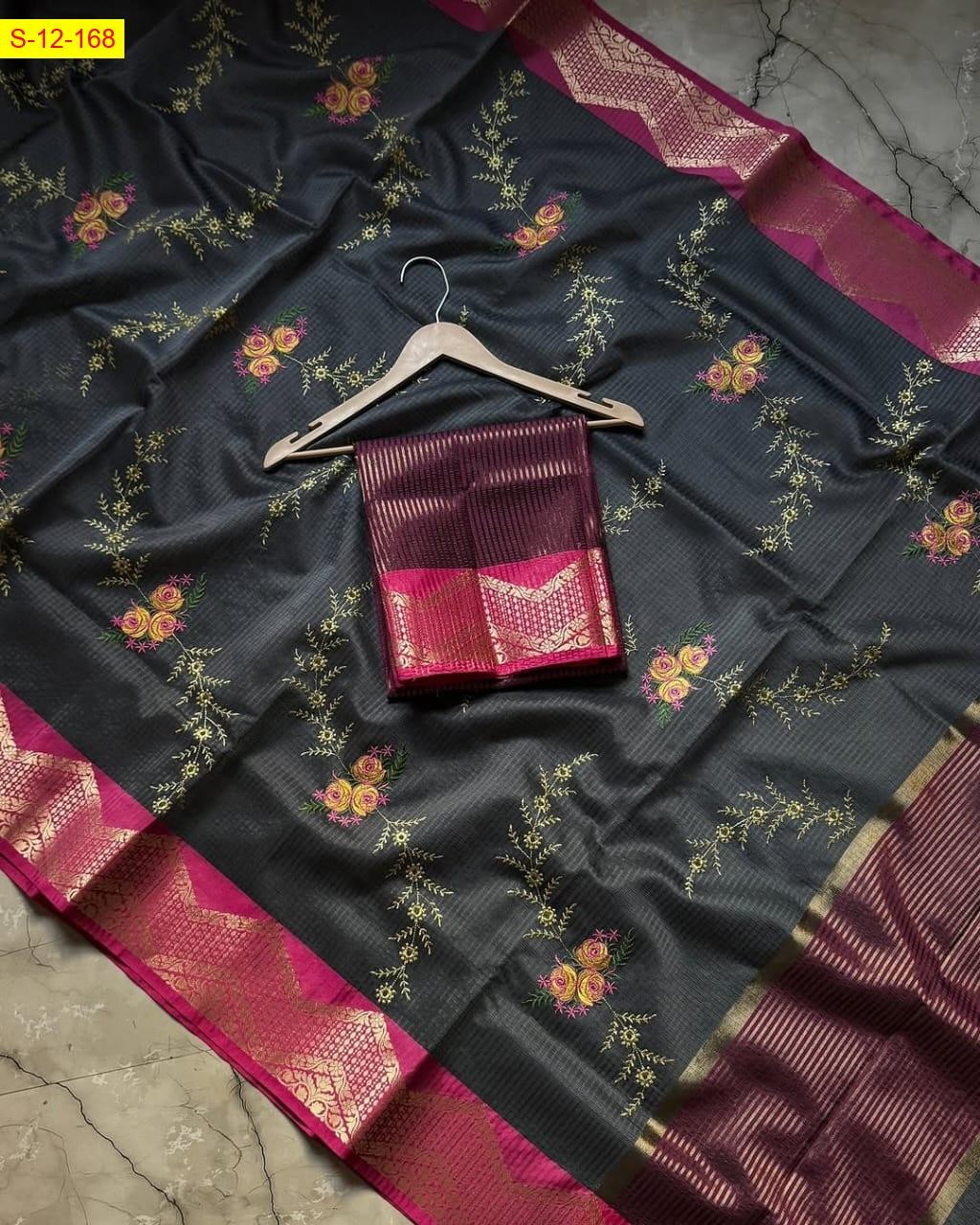 Gray Banarasi kota checks embroidery sarees