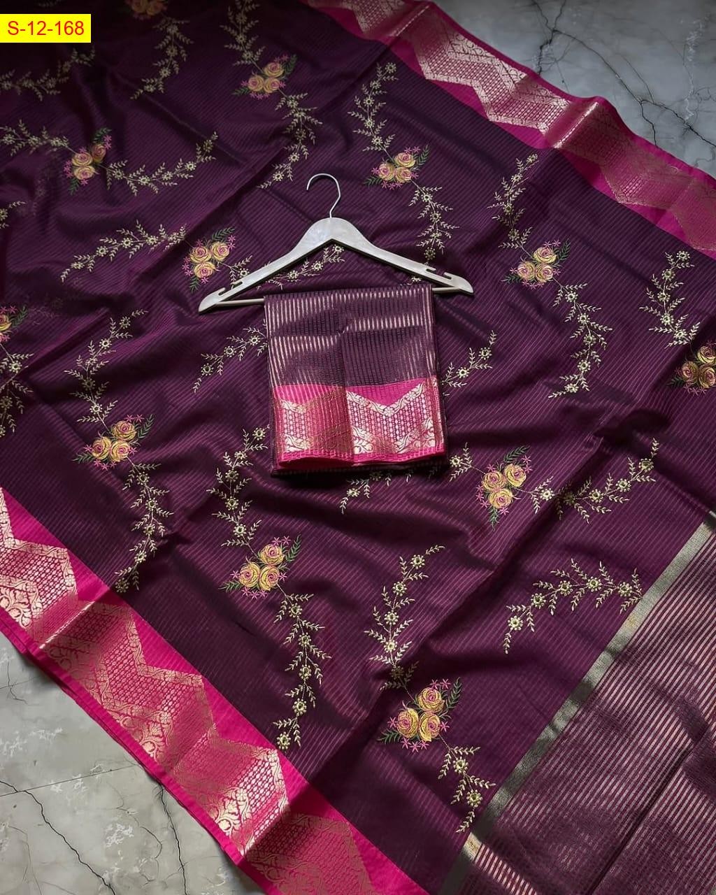 Wine Banarasi kota checks embroidery sarees