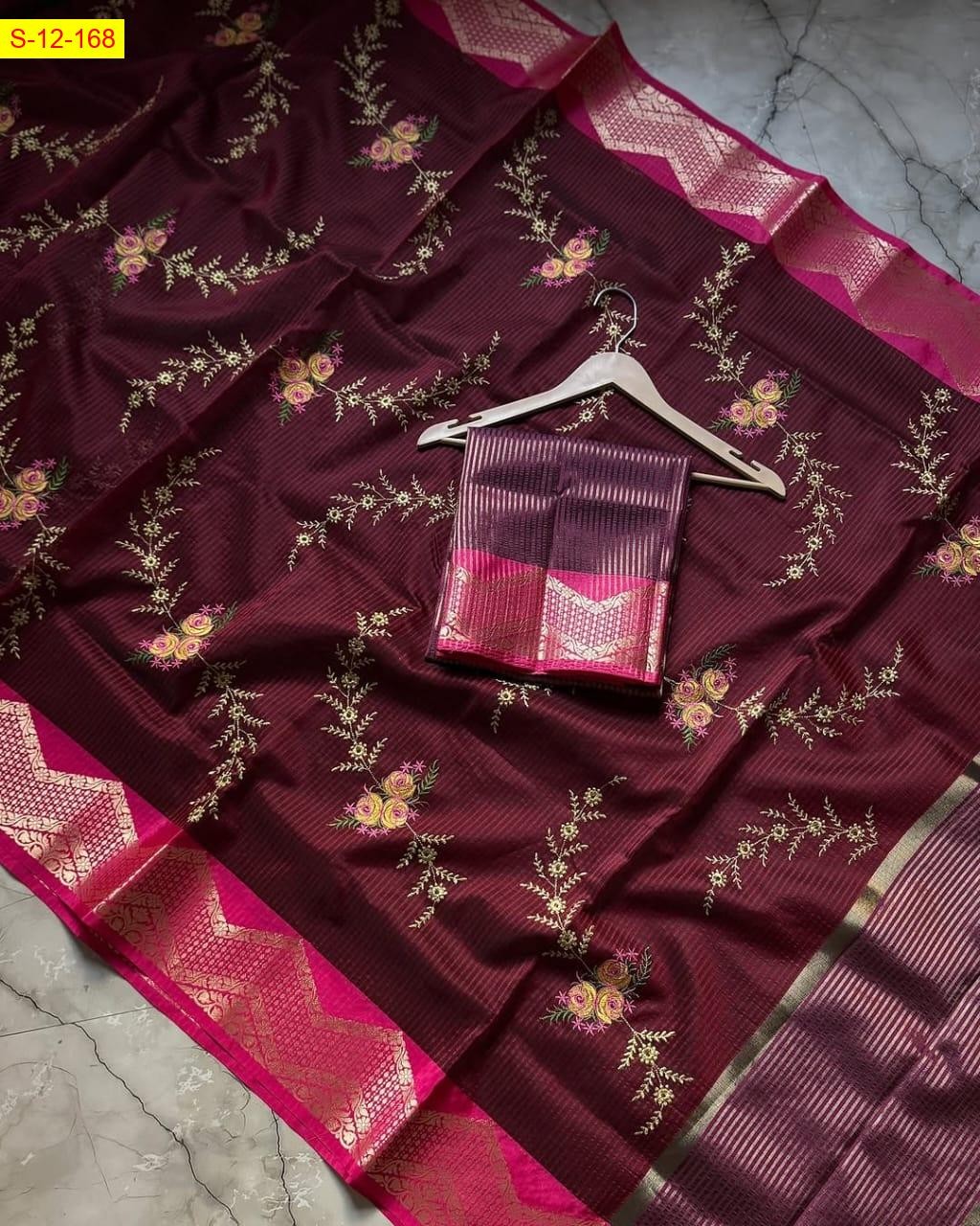 Maroon Banarasi kota checks embroidery sarees
