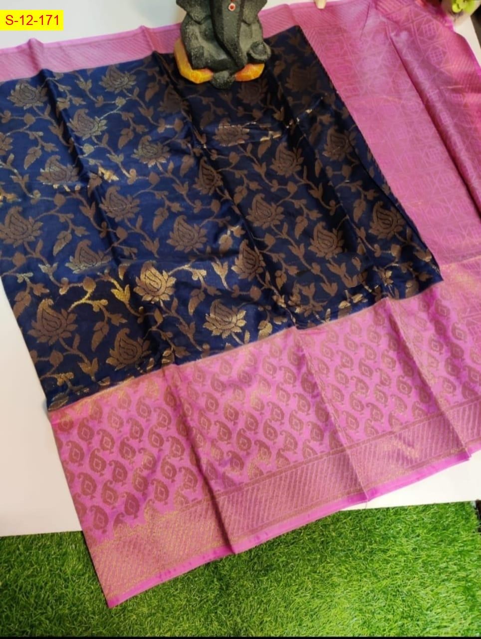 Navy Blue Banarasi handloom semi dupion soft silk Saree