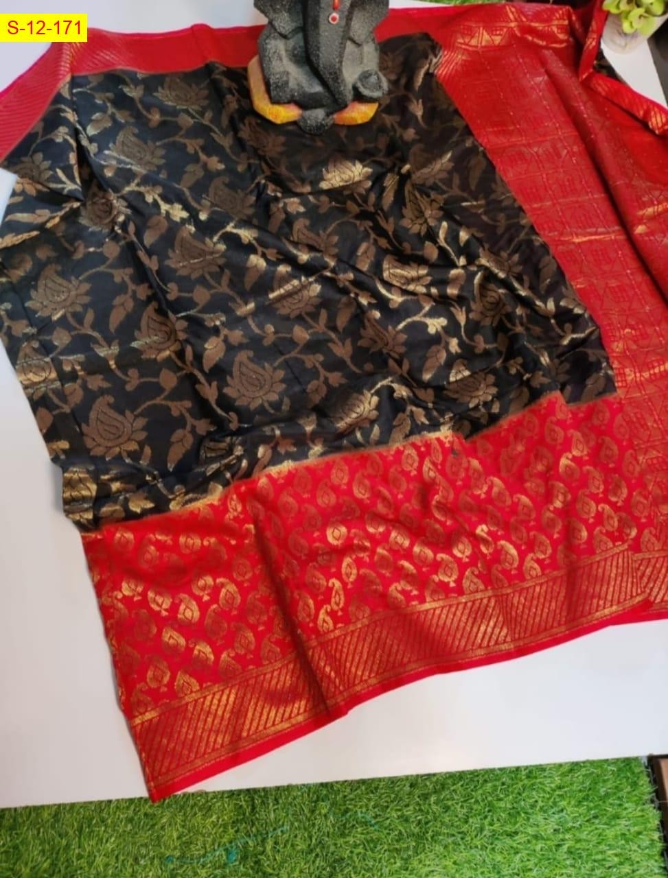 Black Banarasi handloom semi dupion soft silk Saree