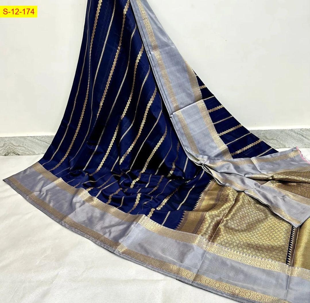 Blue Banarasi semi katan soft silk saree