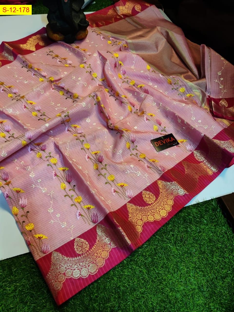 Pink Banarasi kota check embroidery sarees
