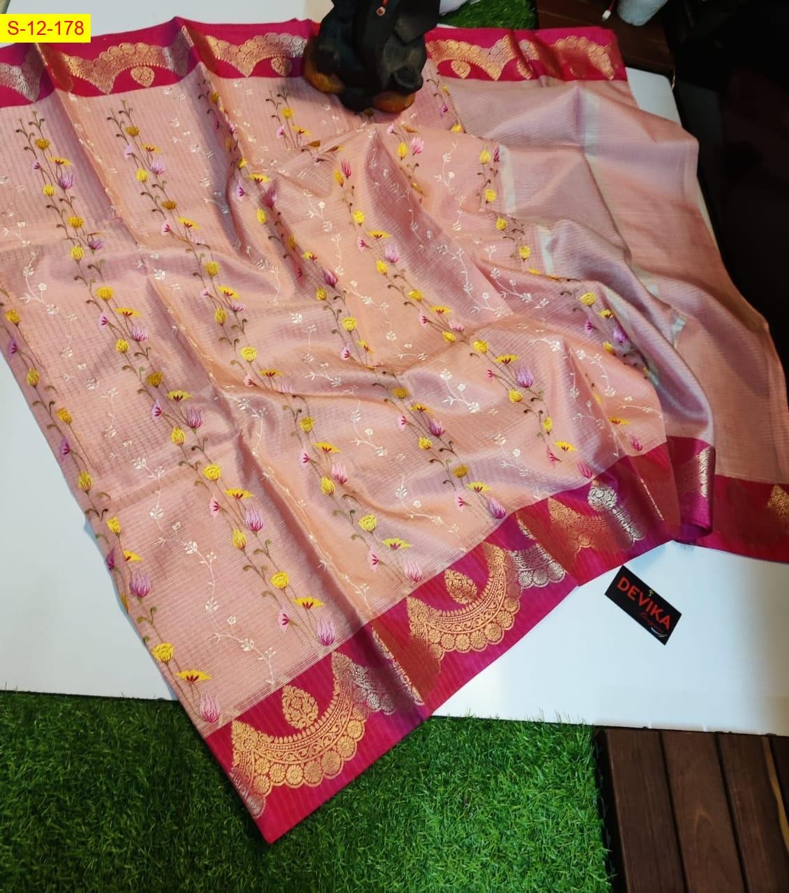 Pink Banarasi kota check embroidery sarees