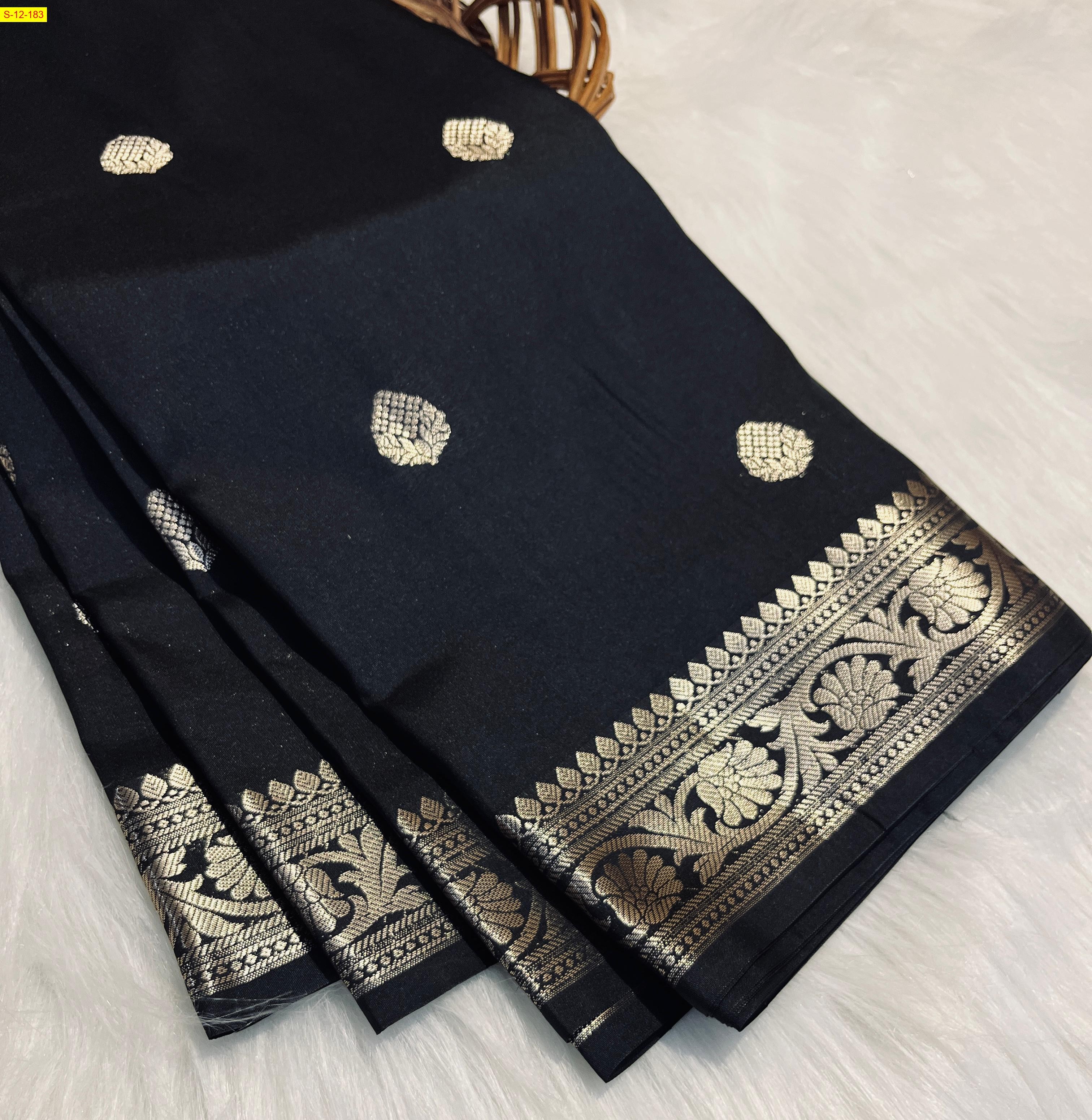 Black Banarasi semi katan soft silk sarees