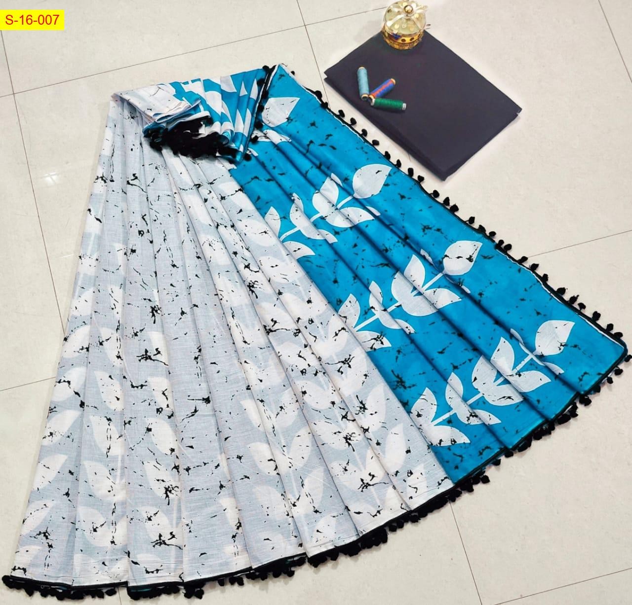 White Mulmul Cotton printed saree