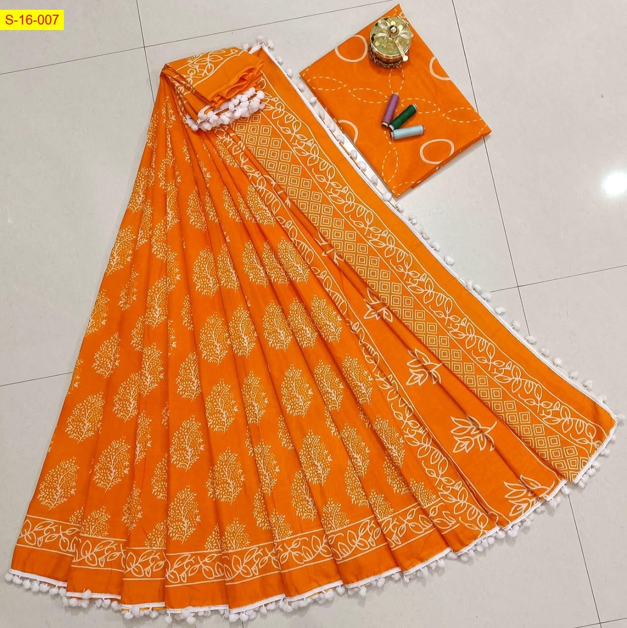 Orange Mulmul Cotton printed saree