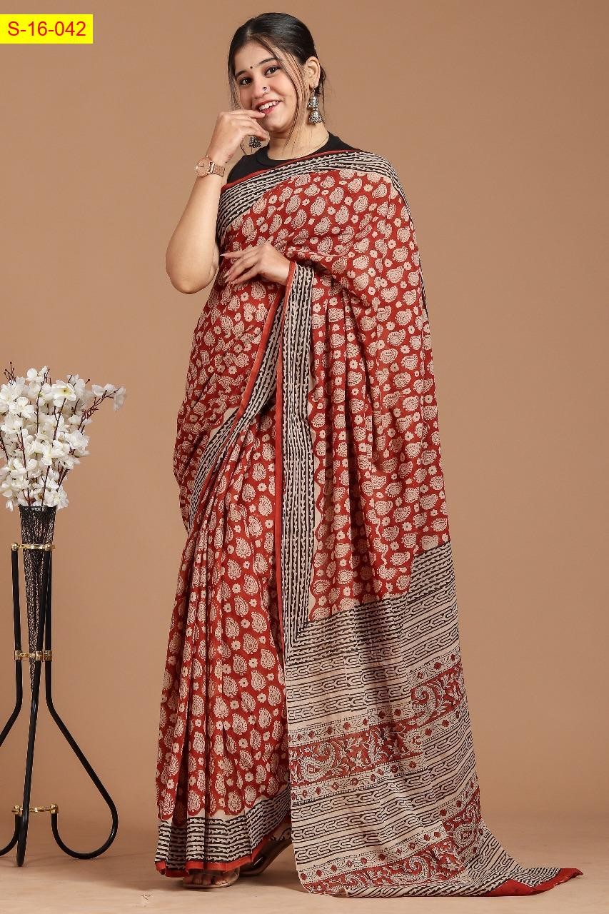 Maroon Mulmul cotton handblock printed sarees