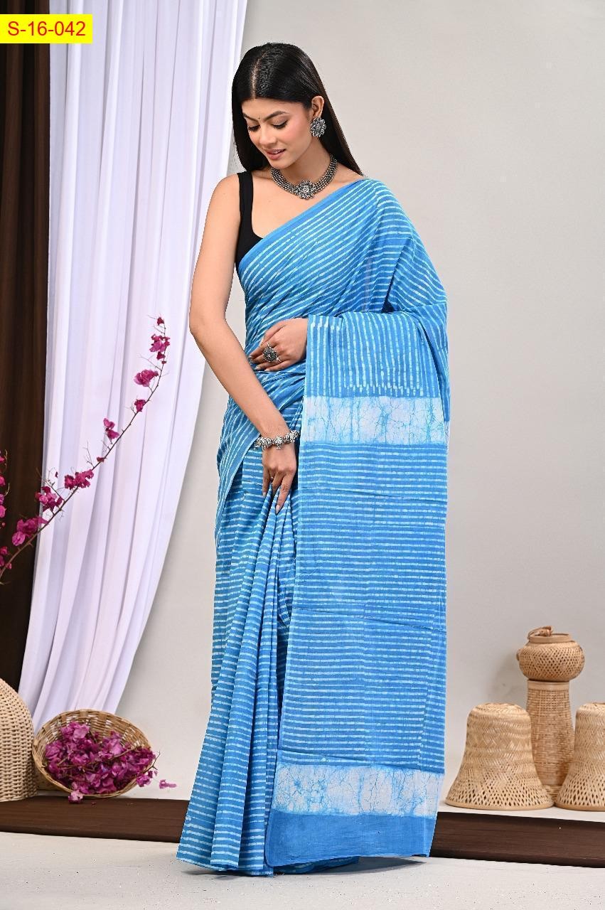 Sky Blue Mulmul cotton handblock printed sarees
