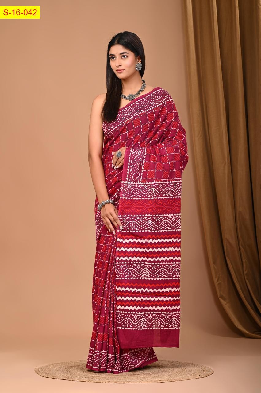 Dark Pink Mulmul cotton handblock printed sarees