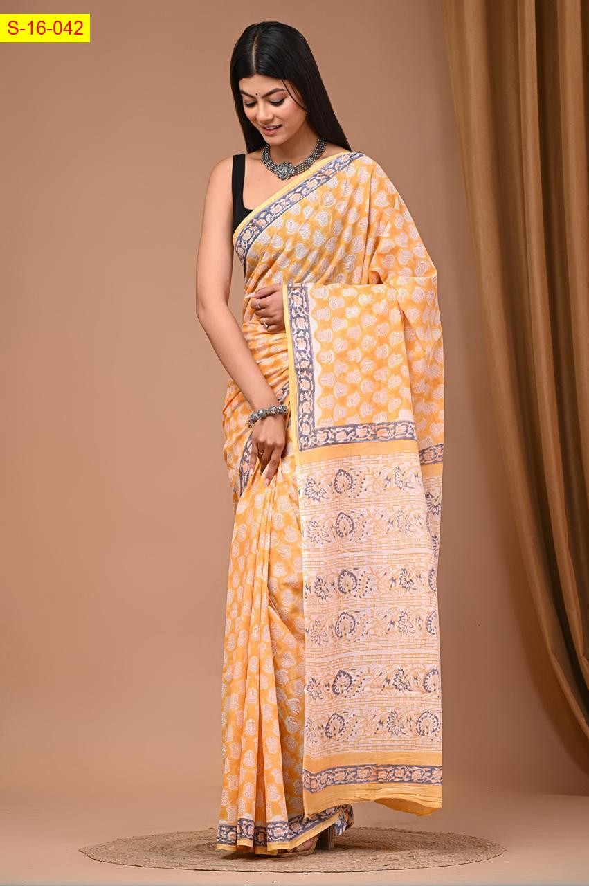Light Orange Mulmul cotton handblock printed sarees