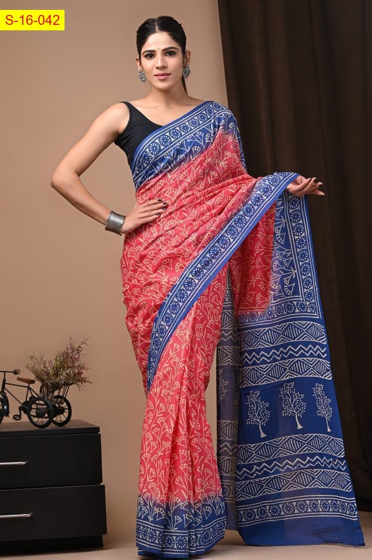 Red Mulmul cotton handblock printed sarees