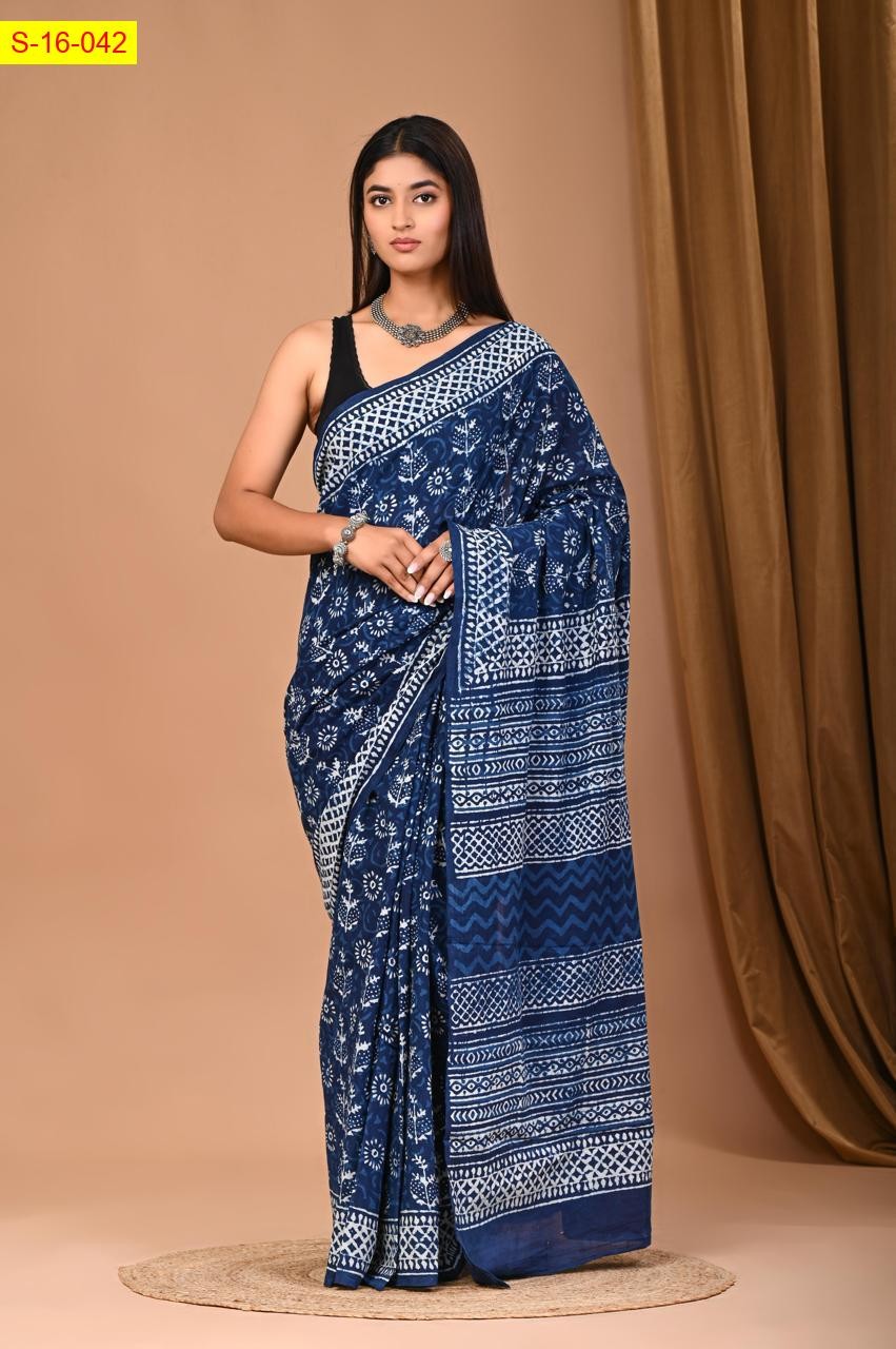 Blue Mulmul cotton handblock printed sarees