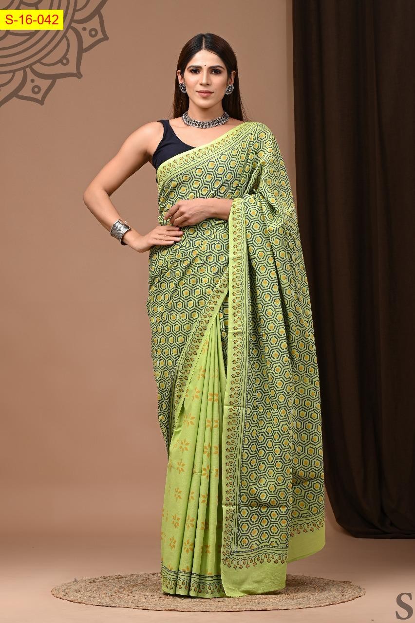 Green Mulmul cotton handblock printed sarees
