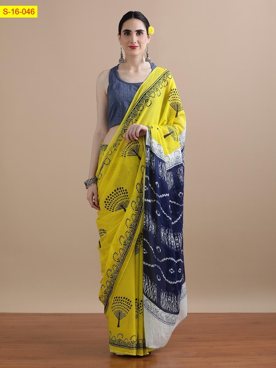 Yellow Mulmul cotton handblock printed sarees