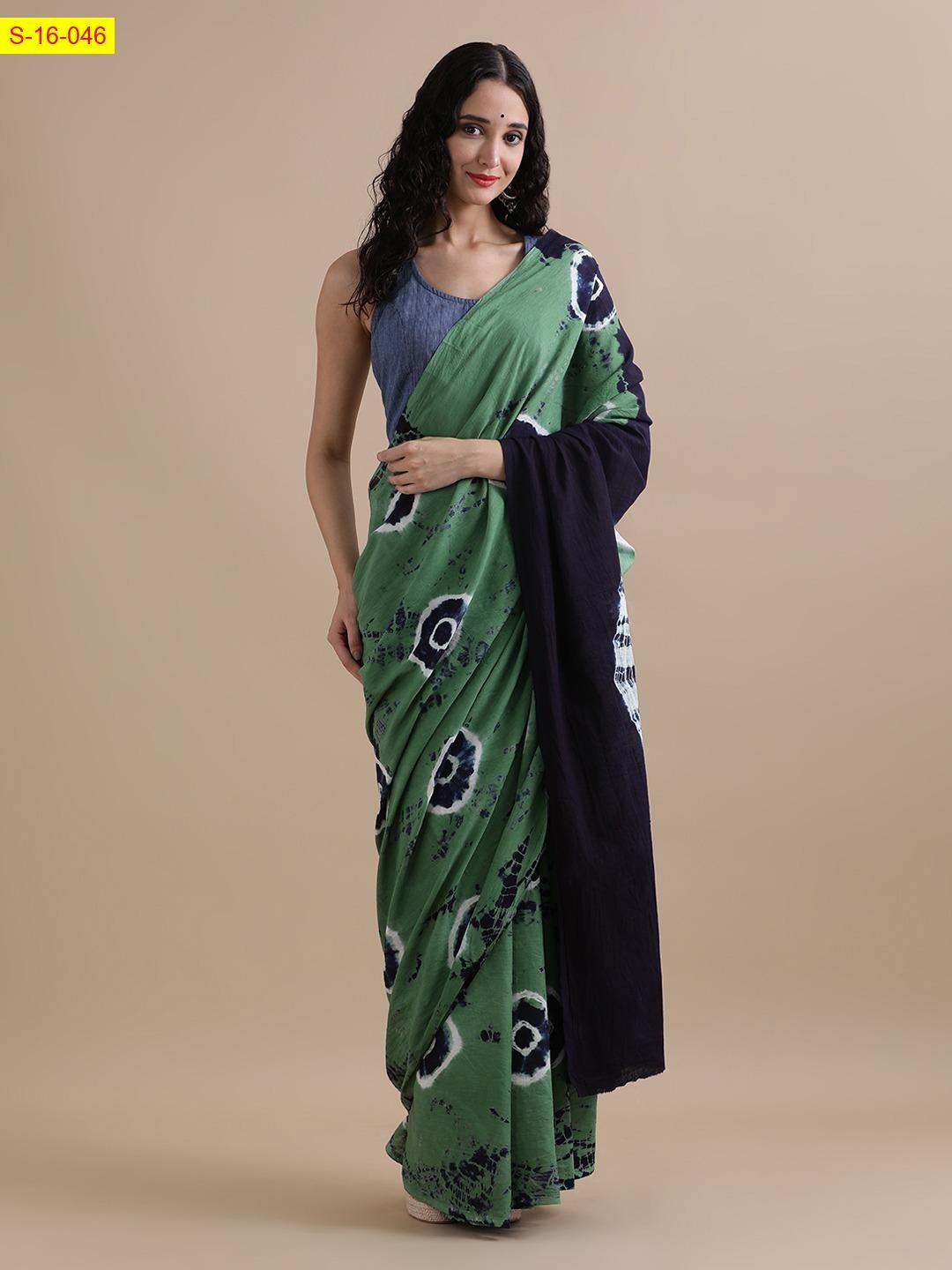 Green Mulmul cotton handblock printed sarees
