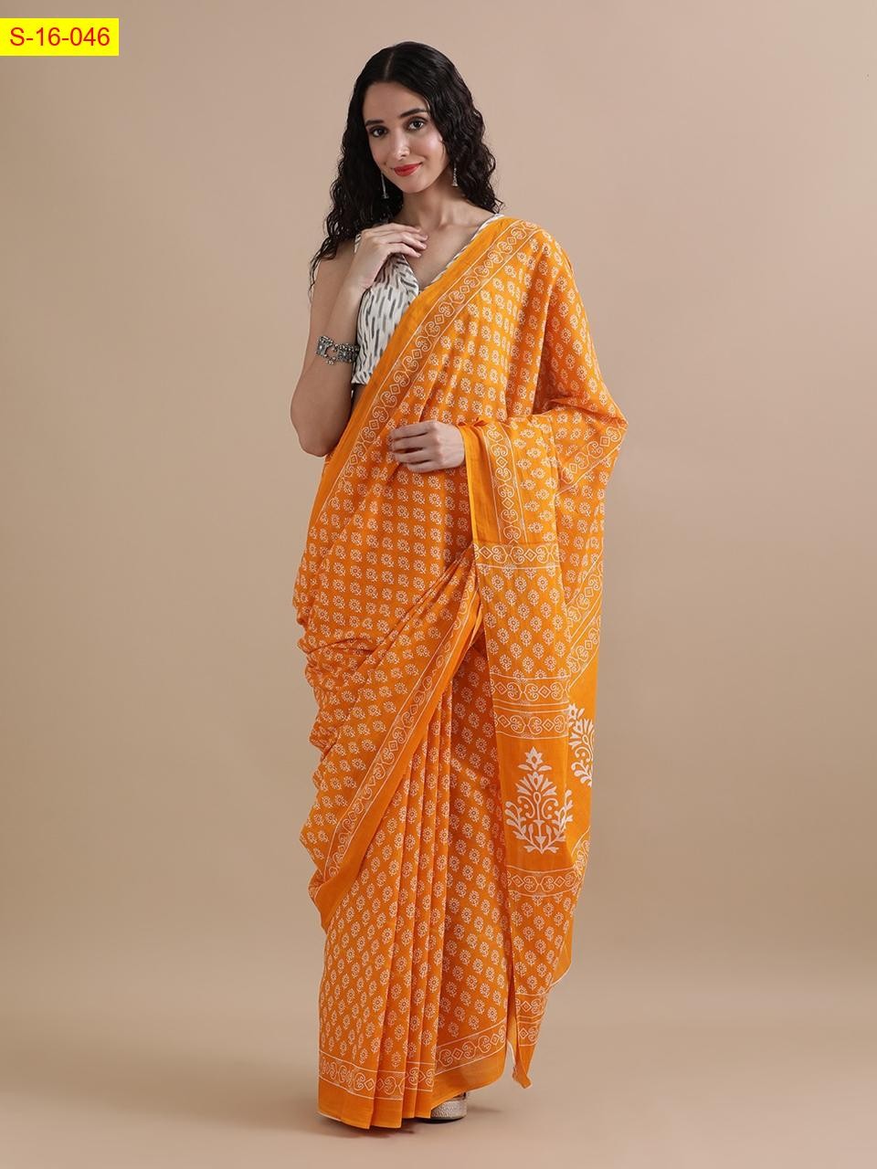 Orange Mulmul cotton handblock printed sarees