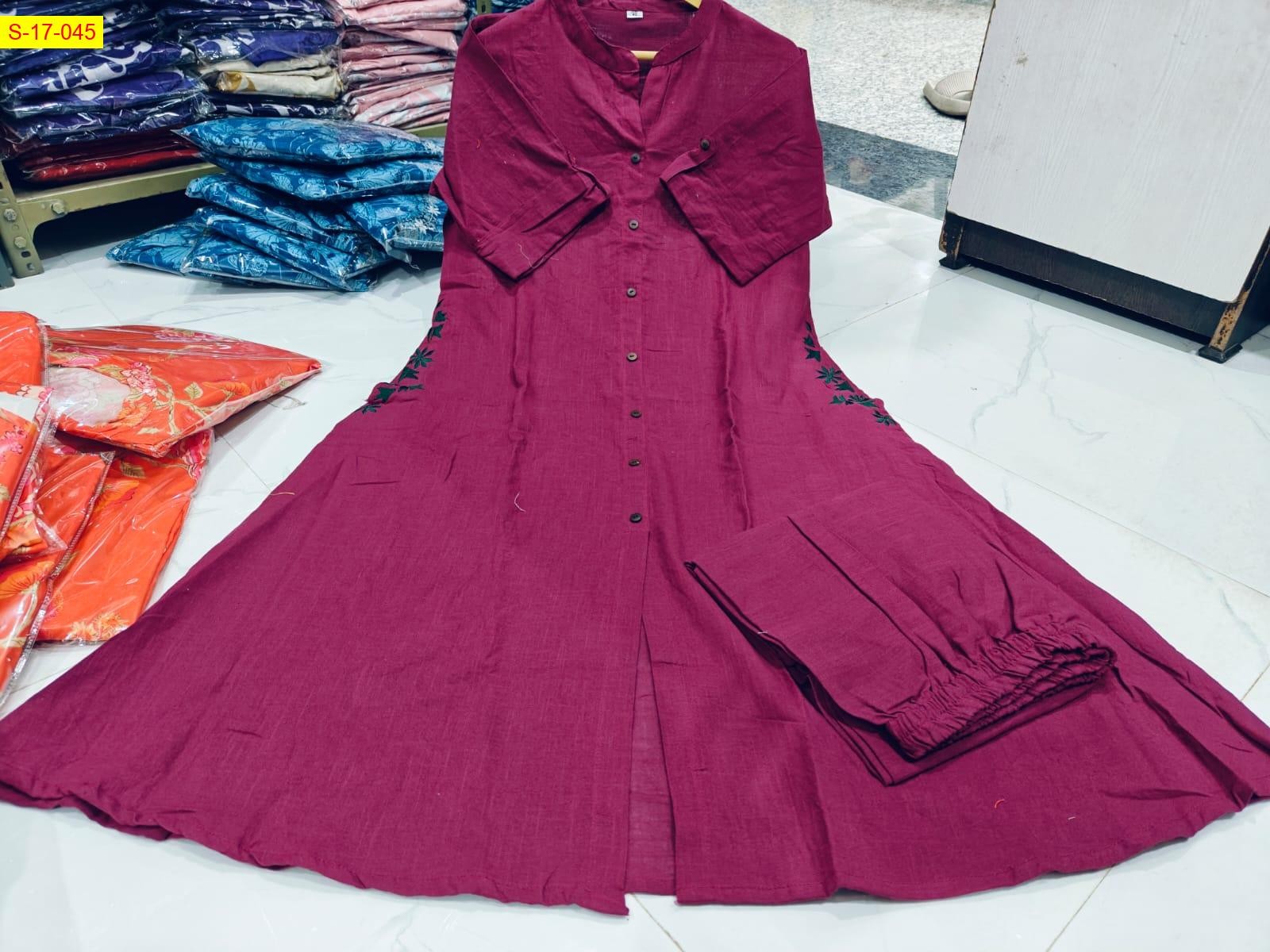 Wine Cotton slub embroidery coord set