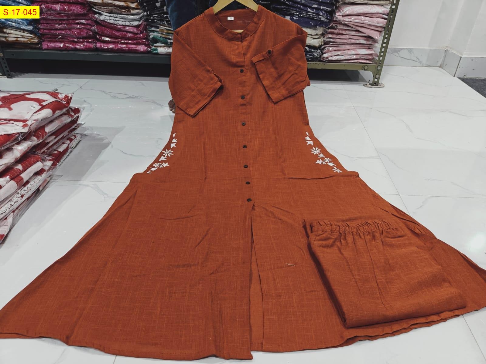 Brown Cotton slub embroidery coord set