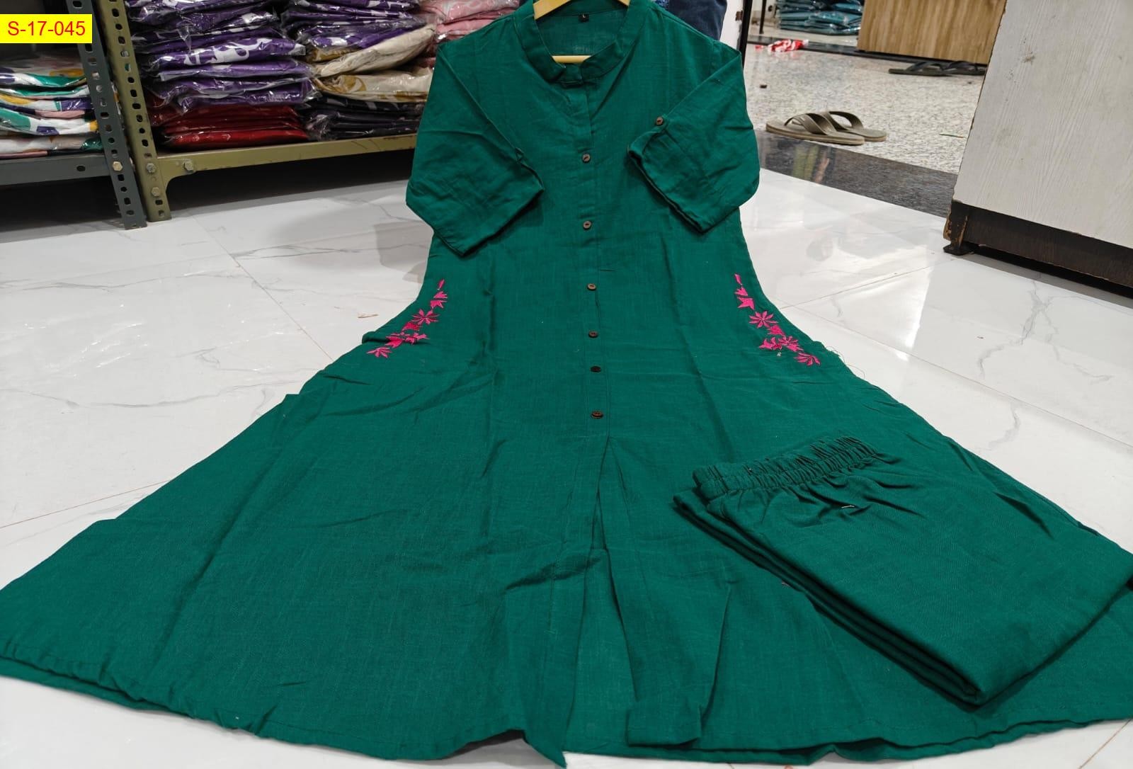 Bottle Green Cotton slub embroidery coord set