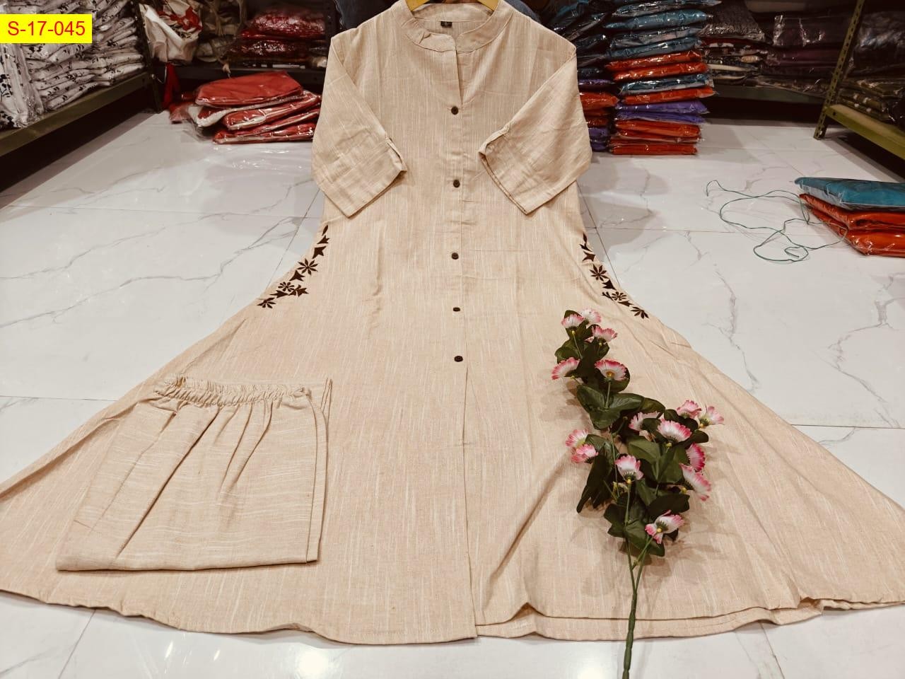 Beige Cotton slub embroidery coord set