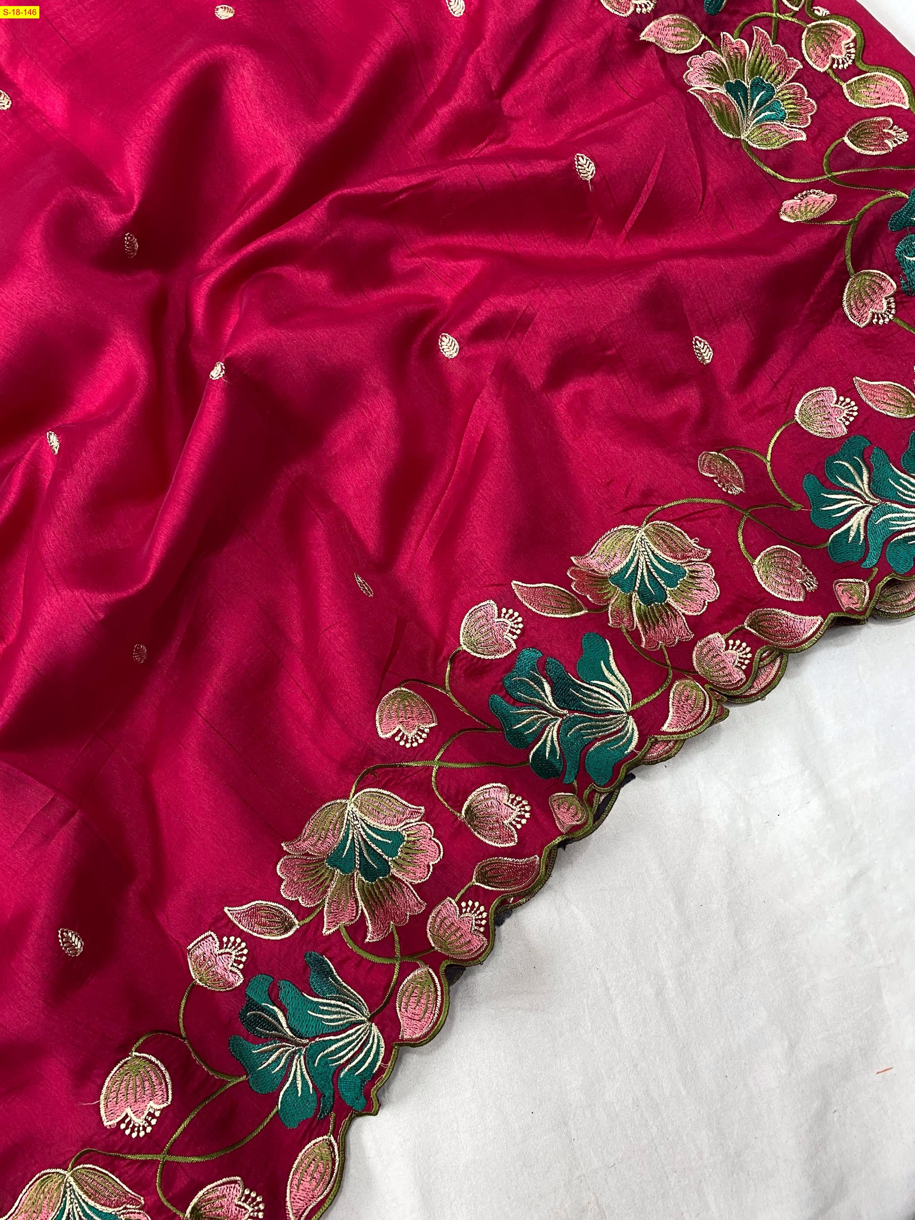 Red Tussar silk floral embroidery sarees