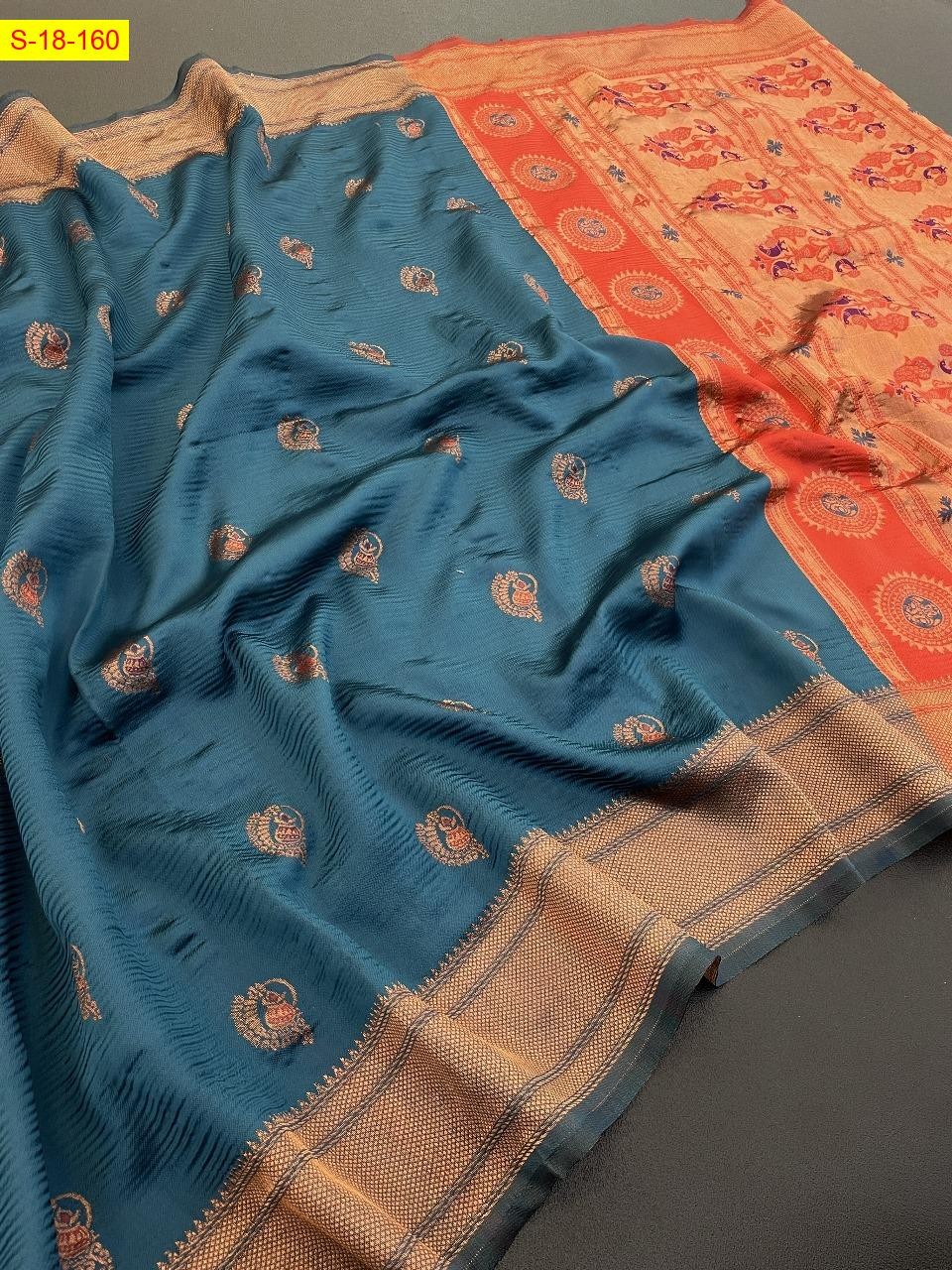 Peacock blue Lichi silk sarees 