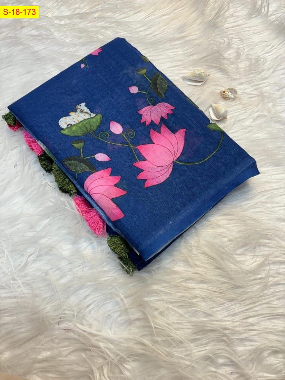 Blue Linen cotton pichwai printed sarees