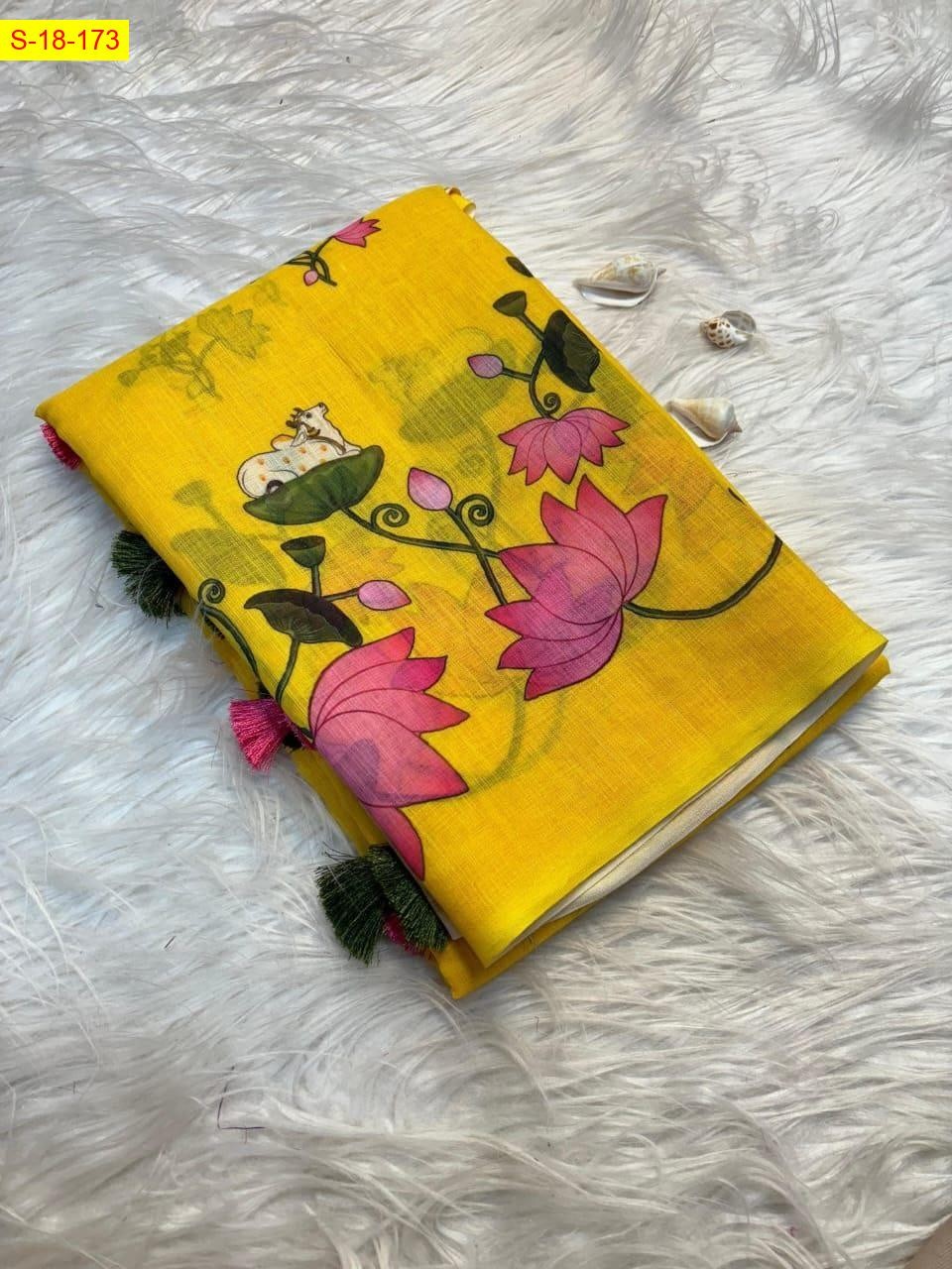 Yellow Linen cotton pichwai printed sarees