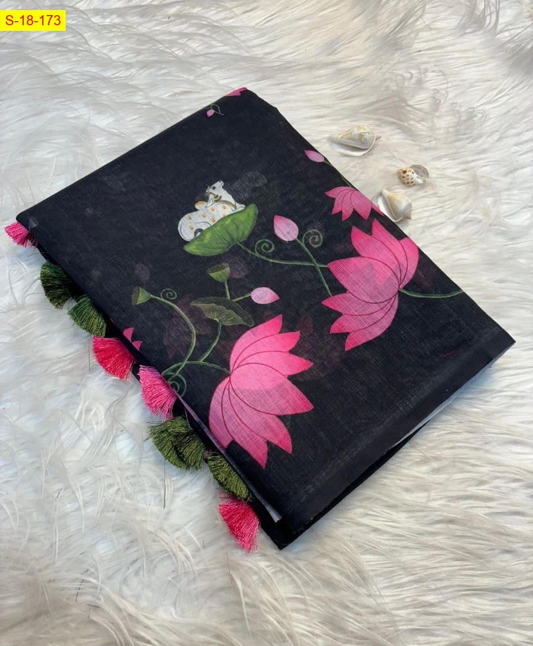 Black Linen cotton pichwai printed sarees