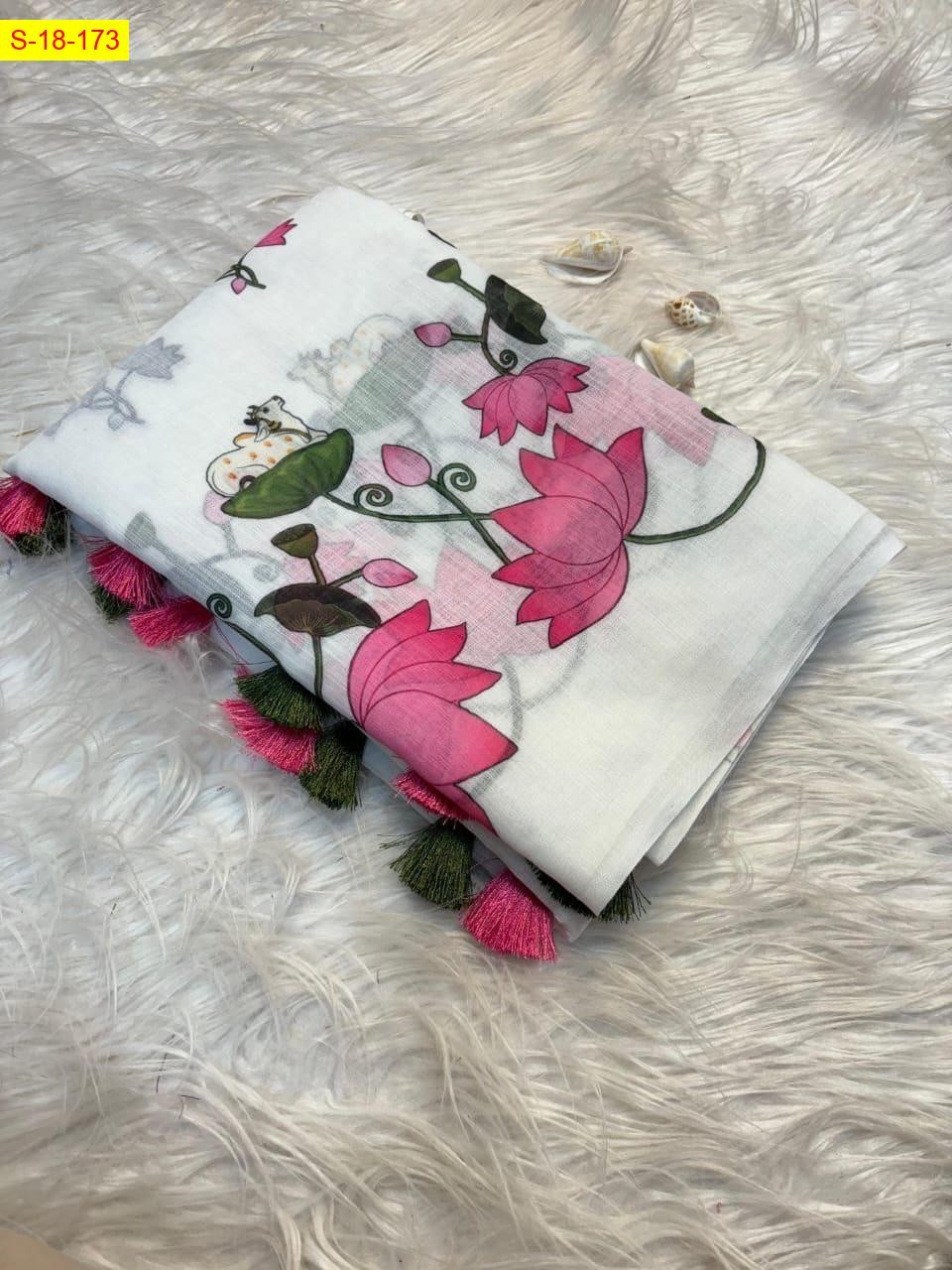 White Linen cotton pichwai printed sarees