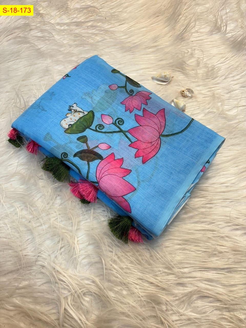 Sky Blue Linen cotton pichwai printed sarees