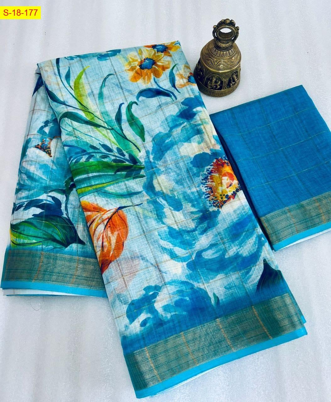 Blue Linen cotton digital printed sarees