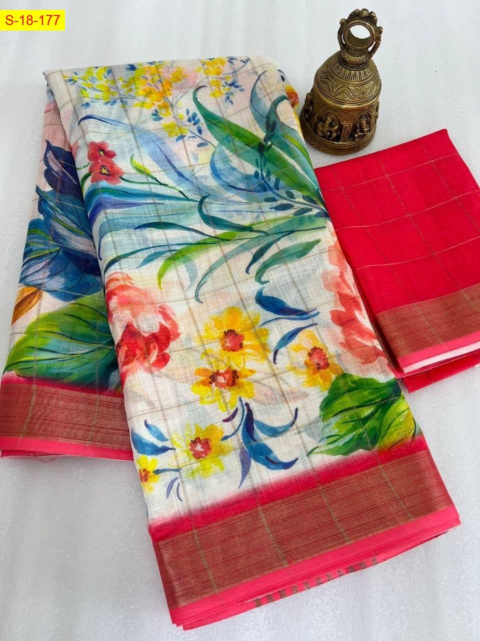 Peach Linen cotton digital printed sarees