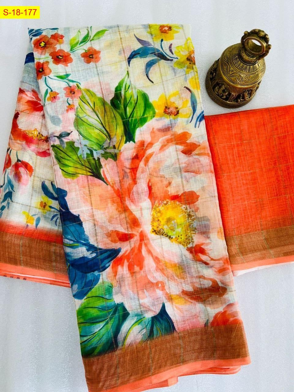 Orange Linen cotton digital printed sarees